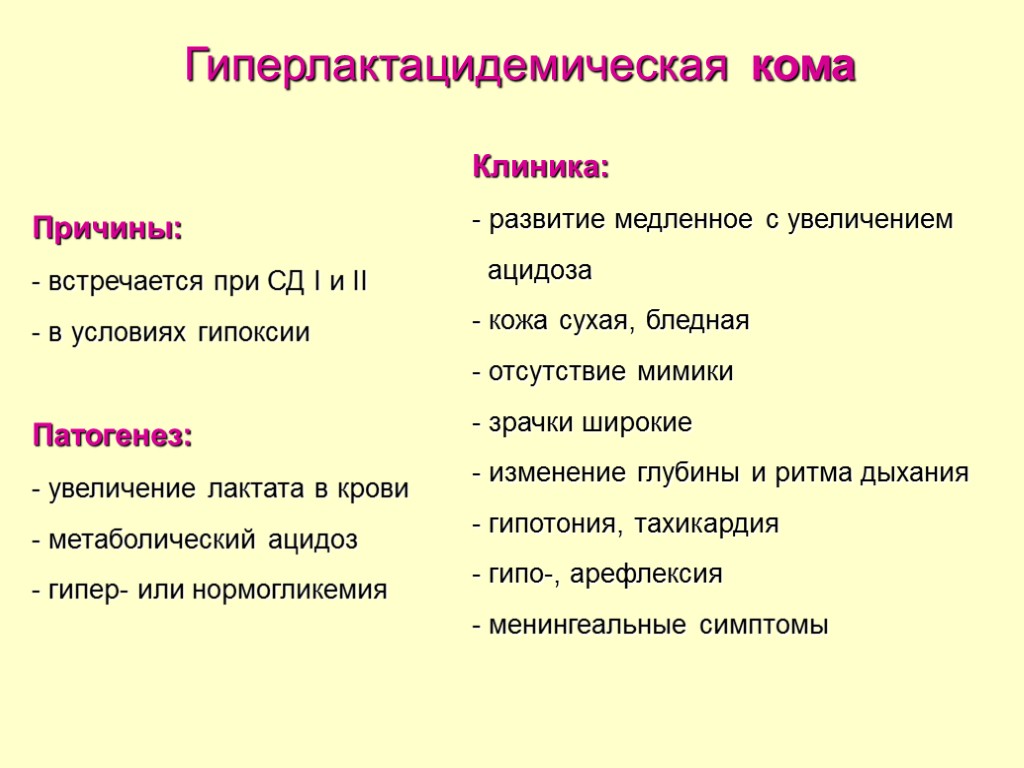 Гиперлактацидемическая кома Причины: - встречается при СД I и II - в условиях гипоксии